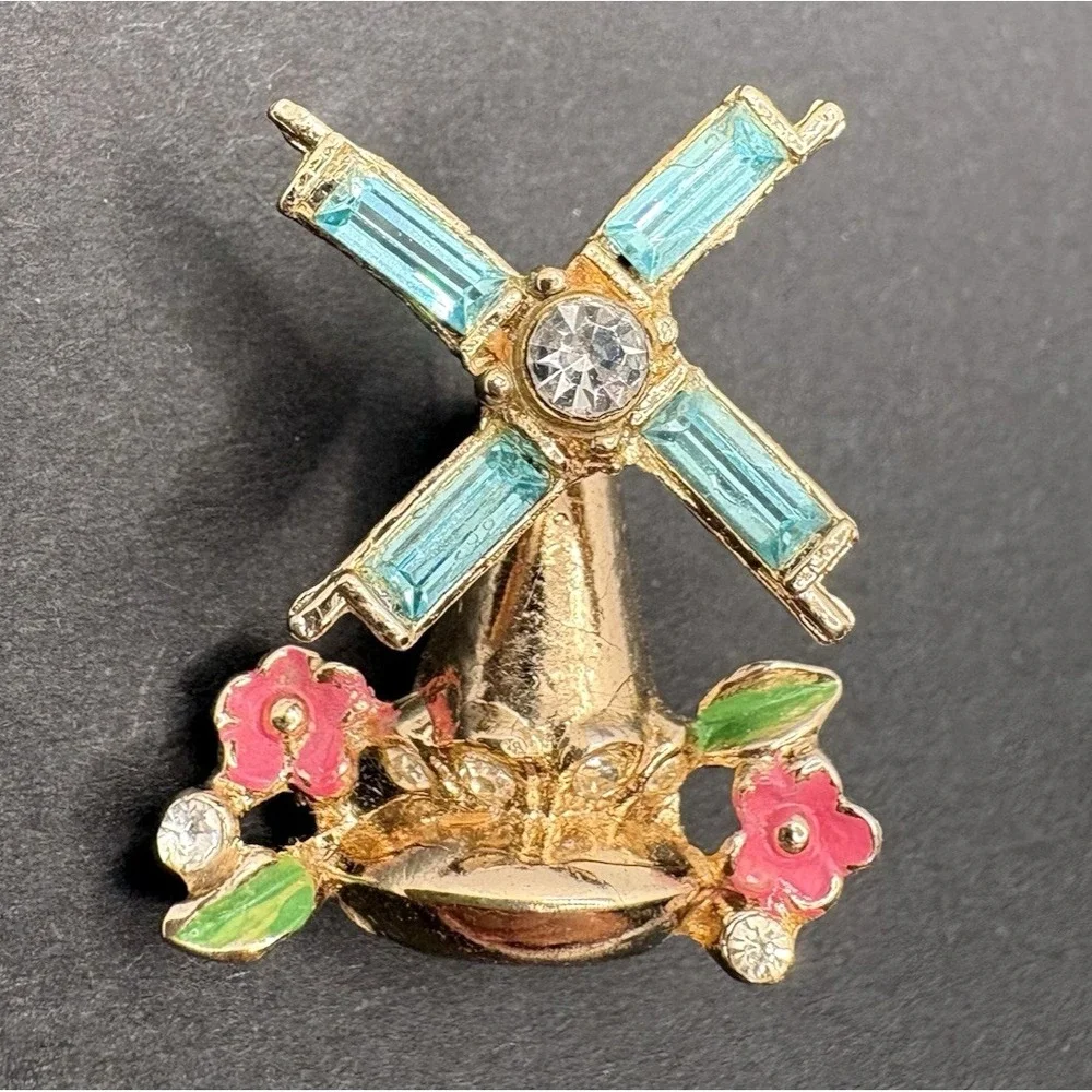 Vintage Windmill Articulated Spinning Brooch Rhinestone Enamel Gold Tone Dainty